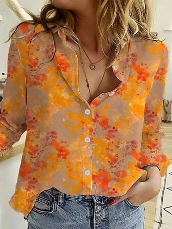 女士时尚新款单排扣长袖印花衬衫