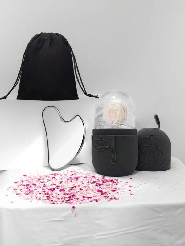 3 pièces/set Rouleau à glace + Outil Gua Sha en acier inoxydable + Sac en flanelle - Set de rouleau à glace pour soins de la peau du visage, outils de massage du visage, rouleau à glace en silicone, rouleau à glace, plaque Gua Sha en acier inoxydable, pour soulager le gonflement du visage et des yeux, outils de beauté