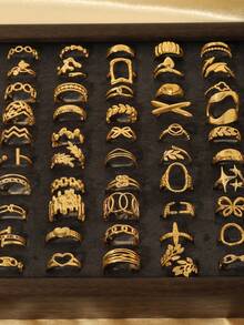 3/6/9/12/16/24件装不锈钢18K镀金极简几何开口戒指，时尚日常佩戴（随机发货） - 金色 - 查看 3