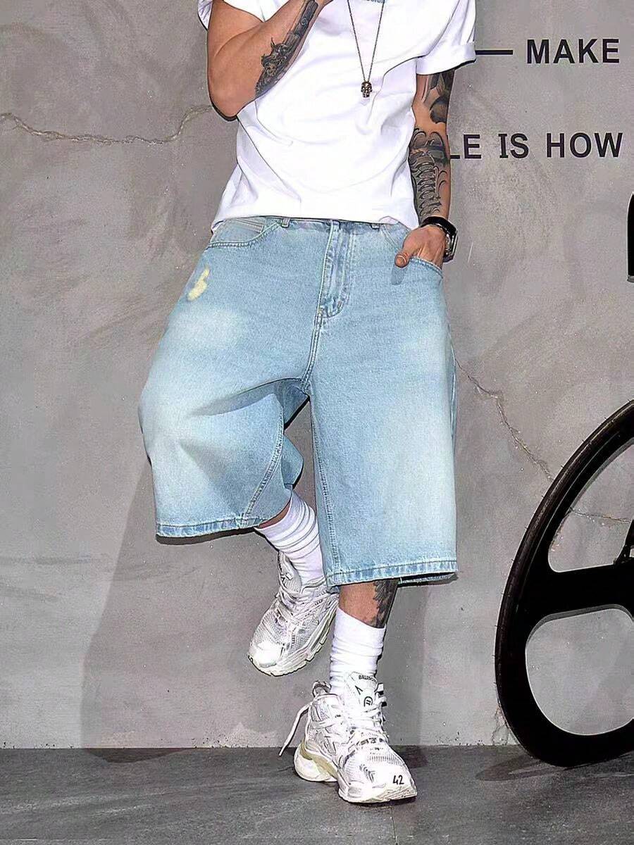 男士韩版破洞宽松牛仔百慕大短裤 - 淺色水洗藍 - 查看 1