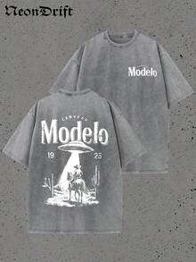 Y2K, Cool,UFO,Outdoor Sport,Modern Streets,Fashionable Pure Cotton Vintage Washed Men's T-Shirt, A Surprise Gift For Family And Friends, With Drooping Shoulder Sleeves And Round Neck,High-Quality Batik Cotton Retro Fashion Brand T-Shirt,A Certain Thickness Suitable For Summer T-Shirts, Holiday Gifts. - 灰色 - 查看 1
