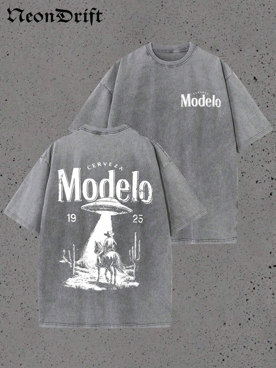 Y2K, Cool,UFO,Outdoor Sport,Modern Streets,Fashionable Pure Cotton Vintage Washed Men's T-Shirt, A Surprise Gift For Family And Friends, With Drooping Shoulder Sleeves And Round Neck,High-Quality Batik Cotton Retro Fashion Brand T-Shirt,A Certain Thickness Suitable For Summer T-Shirts, Holiday Gifts. - 灰色 - 查看 1