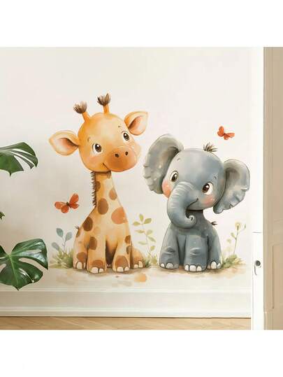 Kids Wall Decals - Elephant, Giraffe, And Raccoon Cartoon Animal Stickers Removable Nursery Decor For Kids Room