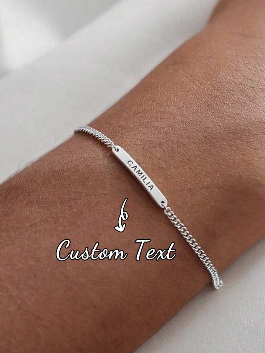 1pc Customized Engraved Mini Bar Bracelet With Horse Bit Chain | Personalized Delicate Name Stackable Bracelet | Gift For Friends | Gift For Her | Perfect Present - Silver - View 1