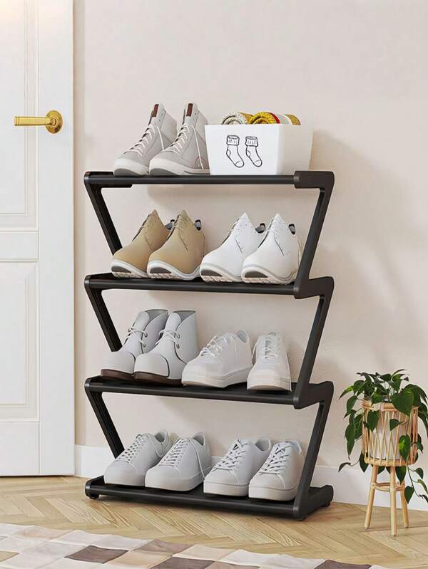 1 Stück große 4-stöckige Z-förmige Schuhablage, leicht ohne Werkzeuge zusammenzubauen, rosa Kunststoff stapelbarer Aufbewahrungsorganizer, geeignet für Zuhause, Wohnheim und Wohnzimmer, platzsparendes Bodendesign, Schuhaufbewahrungsorganizer