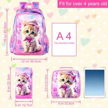 3PCS Backpacks For Girls, 16" Elementary Kids Cute Cat Backpack Preschool School Bookbags And Lunch Box