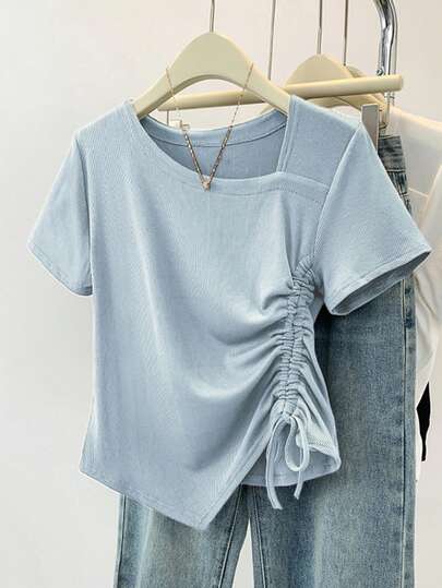 全新夏季休闲不对称抽绳短袖T恤