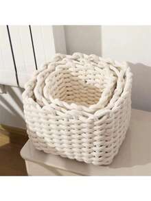 棉线编织方形收纳篮，日式米色收纳篮，用于桌面杂物收纳、零食玩具及钥匙收纳整理方形手工编织棉绳桌面收纳篮，用于整理收纳杂物零食手工草编软收纳 - 米色 - 查看 4