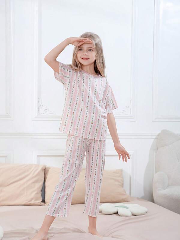 Cute Kids Girls' Pajamas Round Neck Short Short-Sleeved And Pants Flower Print Pink Home Set Summer Casual Pajamas Comfortable Fit Sleepwear Set