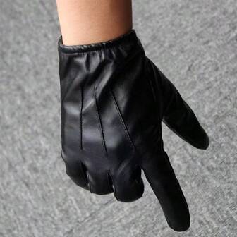 1 Pair Men's PU Leather Gloves, Thermal Lined, Comfortable, Versatile Solid Color Ruched Winter Riding Driving Gloves