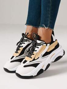 Women's Breathable Flat Sneakers Fashion Chunky Lace-Up Casual Comfortable Platform Sneakers Workout Sport Running Walking Tennis Shoes - 黑與白 - 查看 7