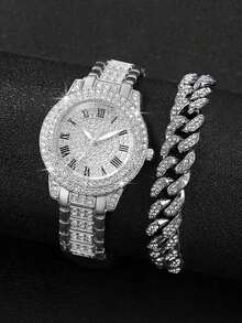 Set de 2 piezas: Reloj de cuarzo con tira de diamantes de imitación de aleación dorada tipo romano y pulsera de eslabones cubanos; Juego de relojes como regalo de fiesta o cumpleaños; Reloj de fiesta brillante de plata - Plateado - Ver 1