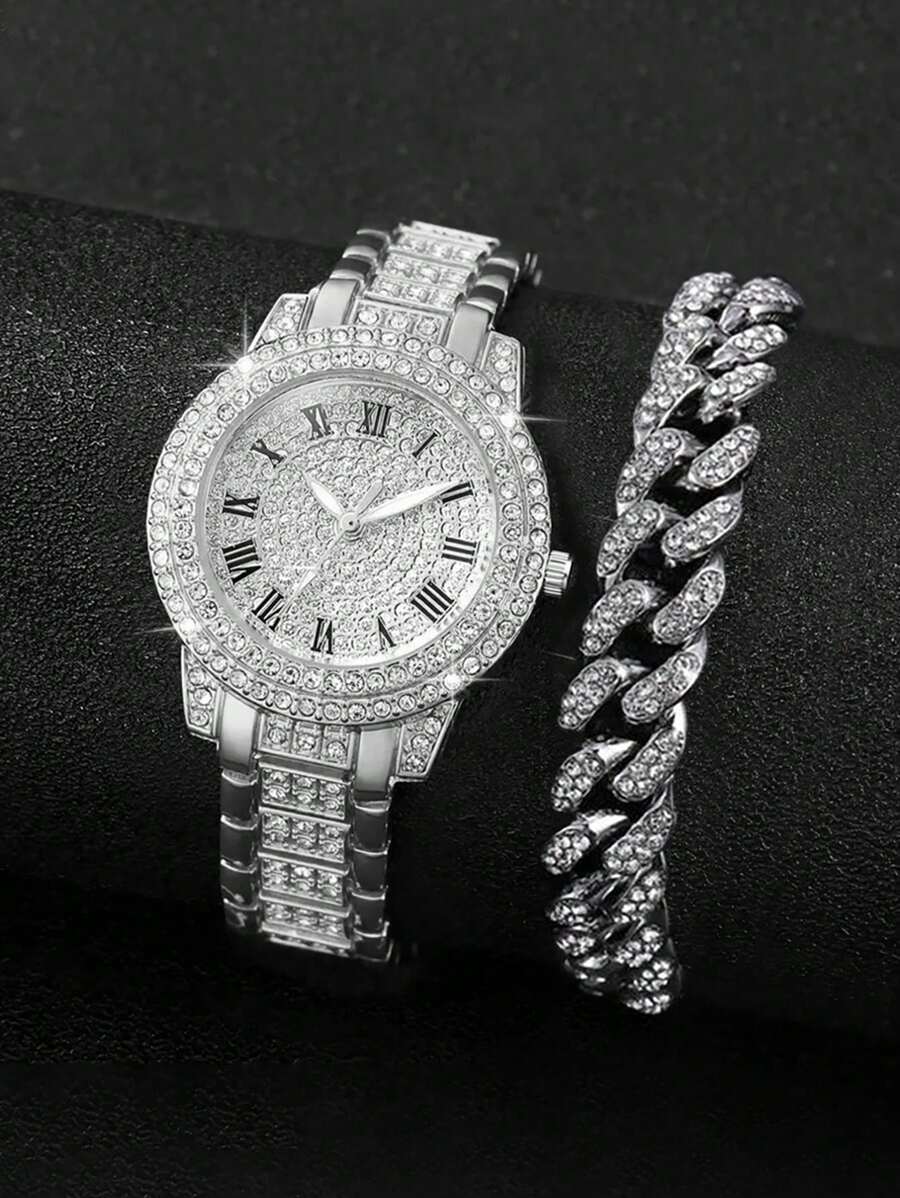 Set de 2 piezas: Reloj de cuarzo con tira de diamantes de imitación de aleación dorada tipo romano y pulsera de eslabones cubanos; Juego de relojes como regalo de fiesta o cumpleaños; Reloj de fiesta brillante de plata - Plateado - Ver 1