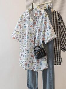 YUXIN 女款春夏卡通涂鸦衬衫翻领短袖日常出游度假透气舒适百搭款式 - 白色 - 查看 7