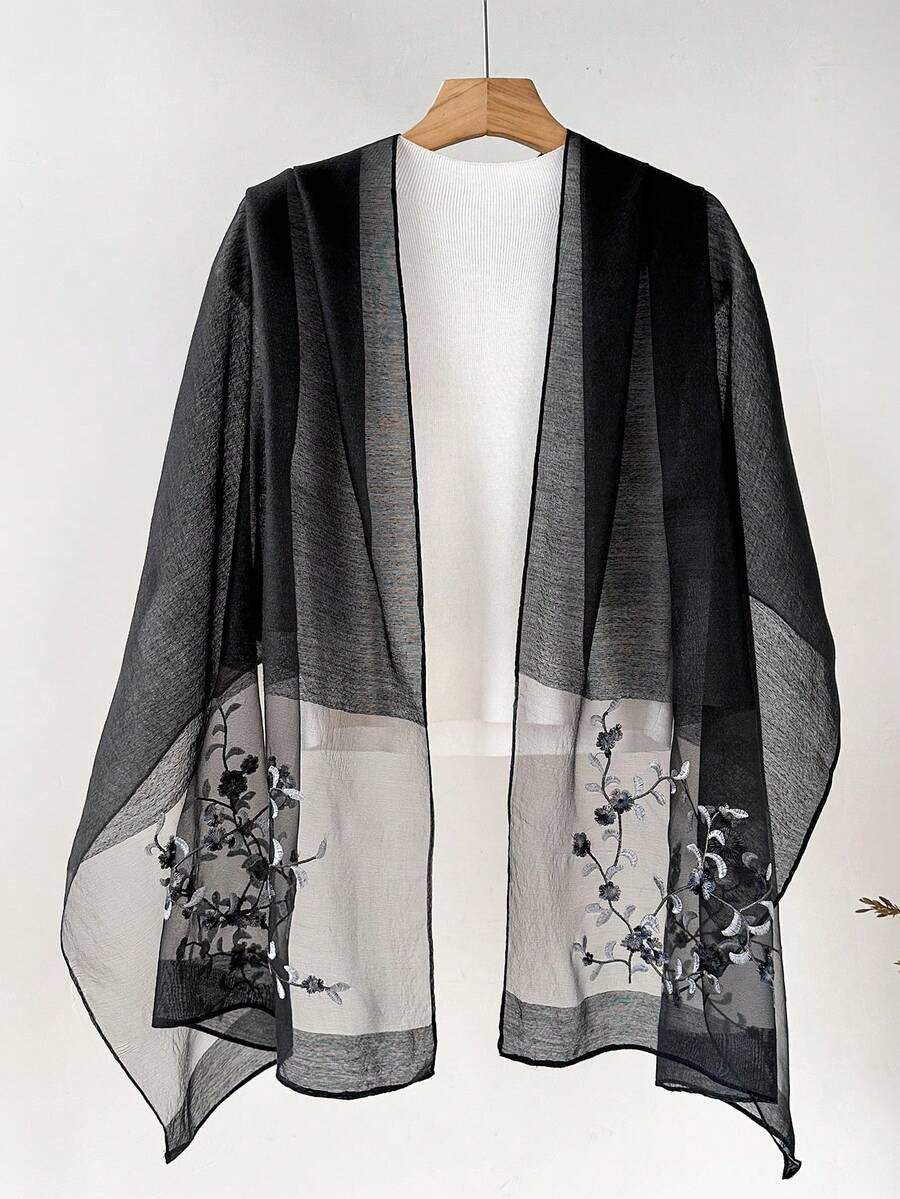 优雅刺绣真丝围巾，透气防风设计，时尚百搭，适合日常佩戴，旅行度假防晒头巾，无羽毛，可干洗，适合约会，生日派对礼物