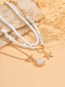 3pcs/Set Bohemian Style Minimalist Choker Necklace Set With Natural Stone, Alloy Starfish Pendant, Oversized Irregular Faux Pearl Pendant And Lobster Clasp, Suitable For Daily Wear, Vacation, Party