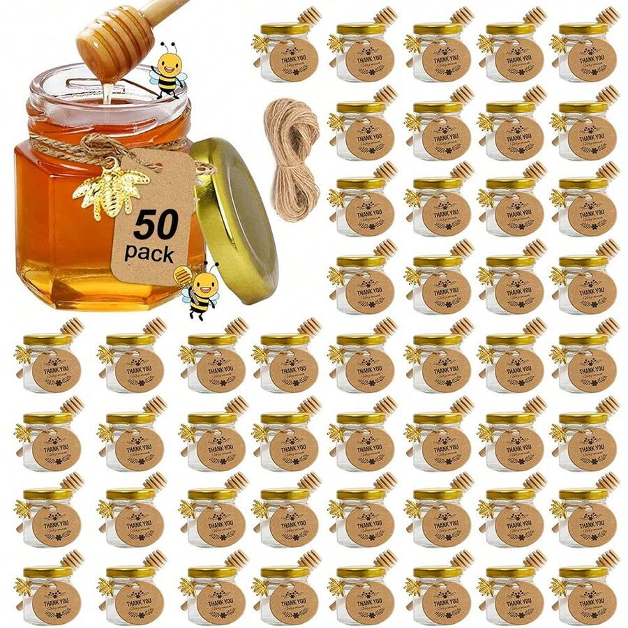 Mini Glass Honey Jars-1.5 Oz, 50 Pack Hexagon Honey Jars With Wooden Dipper, Gold Lid, Bee Pendant, Rope, Mini Honey Jars With Dipper, Perfect For Wedding Favors, Party Favors - 黃色 - 查看 1