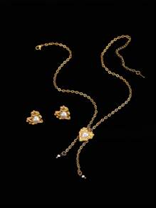 3 Stücke Vintage 18 Karat Vergoldet Edelstahl Herz & Perlen Schmuckset - Halskette & Ohrringe, elegantes Charm Geschenk für Frauen, modisch & einzigartig