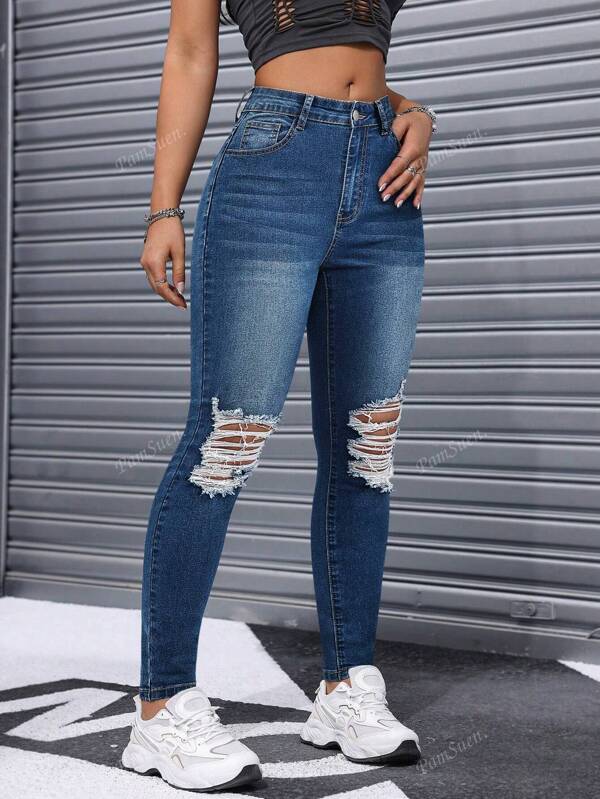 Women Elegant Skinny Jeans, Solid Color Washed Denim Pants With Pockets & Ripped Design