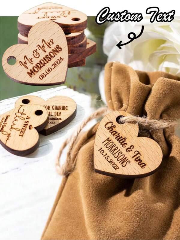 Set Of 10, Personalized Wooden Heart Tags, Marriage Couple Flower Decoration Hanging, Customized Laser Engraving, Very Memorable, Suitable For Newborn Party/Wedding/Mother's Day/Father's Day/Thanksgiving/Graduation Season/Homecoming/Christmas/Halloween/Ramadan And Other Festive Occasions.