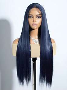 Blue Wig Long Straight Navy Blue Synthetic Lace Front Wigs Pre Plucked Natural Hairline Heat Resistant Fiber Hair Cosplay Daily Wear Wig - 藍色 - 查看 1
