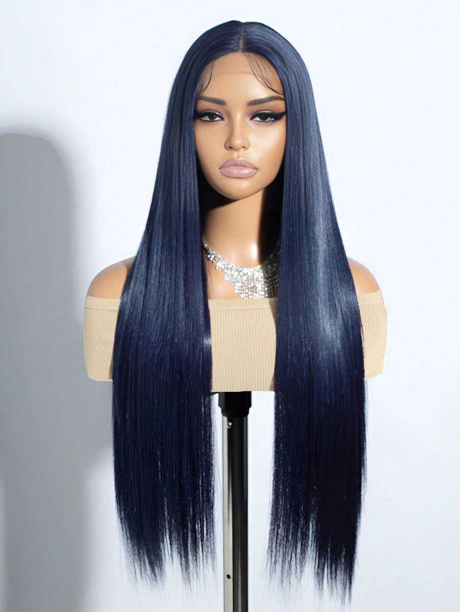 Blue Wig Long Straight Navy Blue Synthetic Lace Front Wigs Pre Plucked Natural Hairline Heat Resistant Fiber Hair Cosplay Daily Wear Wig - 藍色 - 查看 1