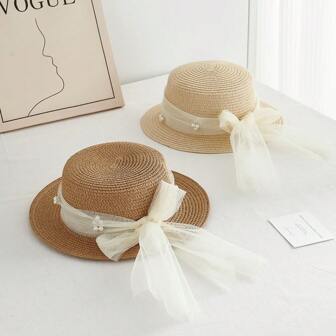 1 件夏季蕾丝网眼平顶帽，女士太阳帽，节日，婚礼拍照，亲子遮阳帽