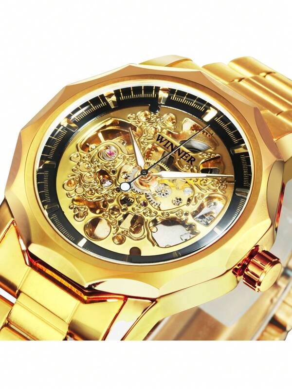 T-WINNER 1pc Royal Golden Skeleton Mechanical Watch For Men Luminous Hands Stainless Steel Strap Fashion Business Automatic Watches Top Brand Luxury Wristwatches Gifts With Box