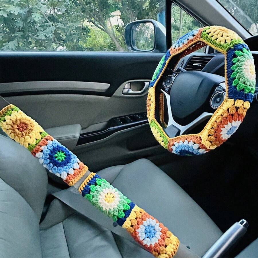 onEternal 1 Handmade Crocheted Steering Wheel Cover & 2 Seatbelt Covers Car Interior Decor Set, Yellow & Blue