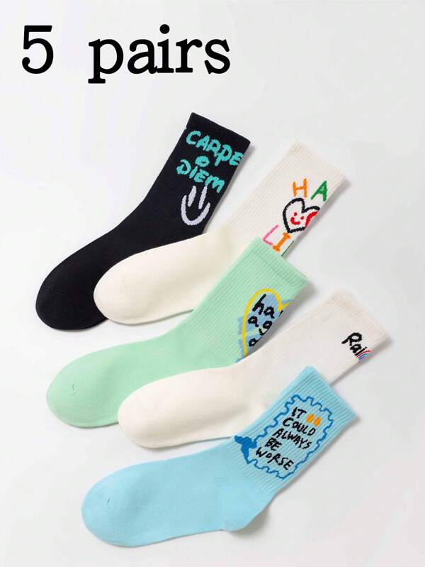 5 pares de meias de algodão em cores mistas, estampa unissex de letras grafite, versáteis para combinar com qualquer calçado, ótimo presente para família e amigos