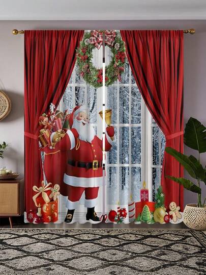 Cortinas transparentes de poliéster estampadas com tema natalino, 2 peças, com boneco de neve e estampa de presente, com filtro de luz, adequadas para quarto, sala de estar, escritório e decoração de casa, design de bolso para vara