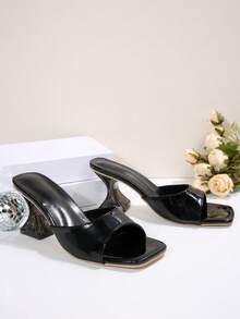 女士夏季新款高跟拖鞋，优雅透明高跟凉鞋，时尚不对称水晶高跟凉鞋，适合晚会、派对、婚礼、办公室等场合，黑色凉鞋