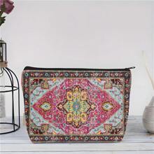 1pc Retro Bohemian Print Canvas Makeup Bag, Toiletry Wash Organizer Pouch & Gift Bag, Travel Storage Bag & Coin Purse, Lightweight, Foldable, Zippered, Machine Washable For Travel, Gym, Camping, Business Or Home Use, Chic Accessory, Perfect Gift For Women, Teachers, And Friends