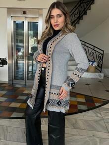 Women's Checkered Kimono Cardigan Teddy Coat Long Sleeve Open Front Elegant Striped Argyle Cute Boho Casual Chic Sexy Wool-Like Fabric Textured Daily Airport Wear Birthday Party Formal & Evening Holiday - 灰色 - 查看 1