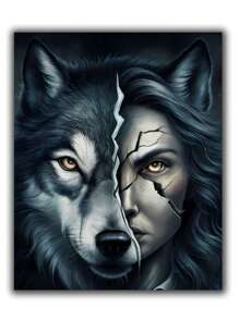 Wolf And Face Full Round Diamond Art And Diy Diamond Painting Crafts For Home Wall Decor, Canvas Material, Halloween Theme,Frameless