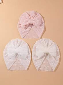 Set de 3 gorros de bebé recién nacido en unicolor, elásticos, con venda de moño - Multicolor - Ver 37