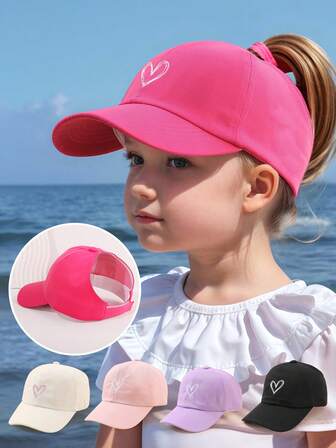 1pc Girls' Solid Heart Decor Baseball Cap, Outdoor Sportswear Running Beach Vacation Travel Daily Ponytail Sun Ion Hat, Spring/Summer