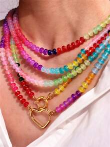甜蜜浪漫多巴胺彩色串珠项链，波西米亚风格不锈钢心形和 OT 扣饰，夏季珠宝（串珠颜色和位置随机） - 彩色 - 查看 1