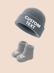 2pcs/Set Personalized Graphic Knit Hat And Socks For Infants & Toddlers, Comfortable, Fashionable And Versatile, Suitable As Gifts For Boys And Girls For Everyday Wear