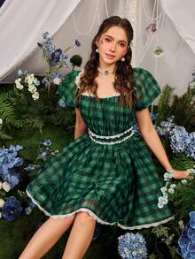 Faeriesty Dreamy Vintage-Chic Bubble Sleeve Plaid Dress With Lace Trim Neckline, Waist, And Hem, Adjustable Drawstring Hem – Perfect For Spring/Summer Garden Parties, Casual Outings, And Elegant Events (Boho-Romantic Style, Vibrant Plaid Fabric, Flowy Ruffles, Seasonless Versatility) Summer Dress Spring Clothes