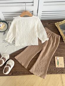 2pcs/Set Baby Girls Floral 3D T-Shirt Long Sleeve Top + Flare Pants Set, Cute & Elegant Style Outfit For Girls, Autumn/Winter