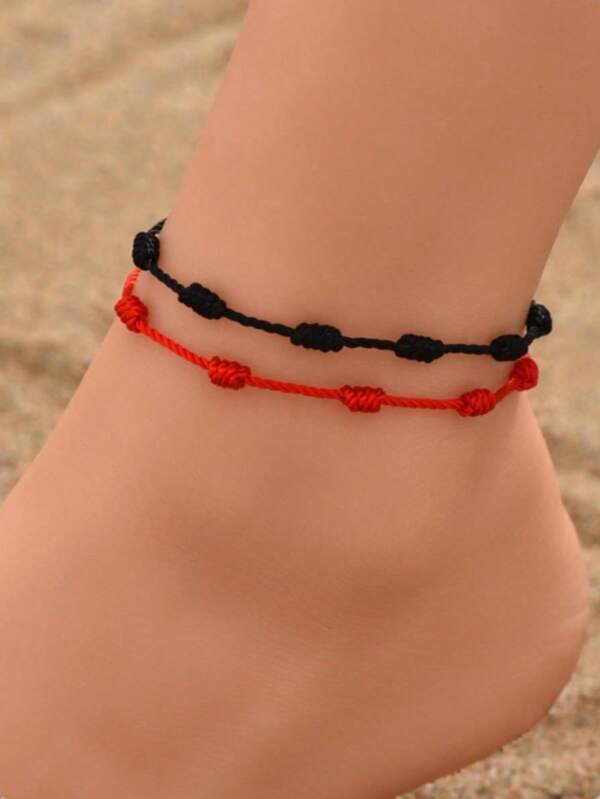 2pcs/Set Fashion Vacation Beach Style Minimalist Lucky Braided Anklet Set For Women