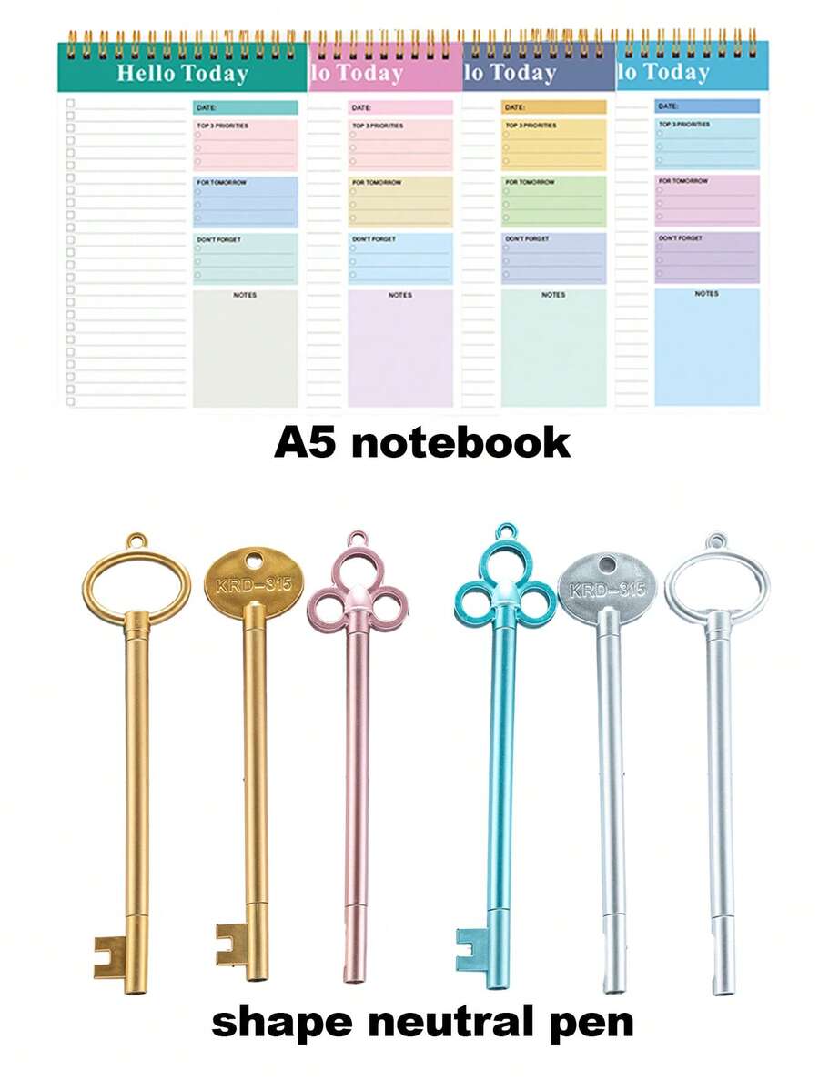 7件（A5记事本+钥匙形笔）极具吸引力的A5线圈每日计划笔记本便携式学习计划记事本，创意文具钥匙形中性笔，可爱卡通，学习办公，复古水性签名笔，适合儿童和学生，大学生返校必备文具。