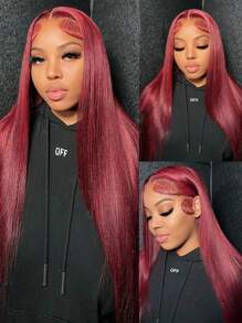 200% Density 34Inch 13x4 Lace Front Wigs Human Hair 99J Straight Wigs For Women 12A Pre Plucked HD Lace Frontal Wig With Baby Hair Burgundy Lace Front Wig