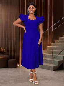 Women's Navy Square Neck Ruffle Sleeve Pleated Elegant Mid-Length Dress - Royal Blue - View 6