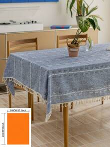 1pc Scandinavian Style Blue Lattice Hollow-Out Tablecloth, Rectangle Striped Embroidered Tassel Multifunctional Cover Cloth, Suitable For Festival, Party, Birthday, Dinner, Home, Dorm Decor