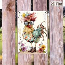 1 pieza Letrero de hojalata 2D plano, Gallo con botas y gafas, arte de granja divertido, decoración de pollo colorido, adecuado para cocina o granero, 30cm x 20cm con agujeros perforados previamente, estilo de agujero aleatorio