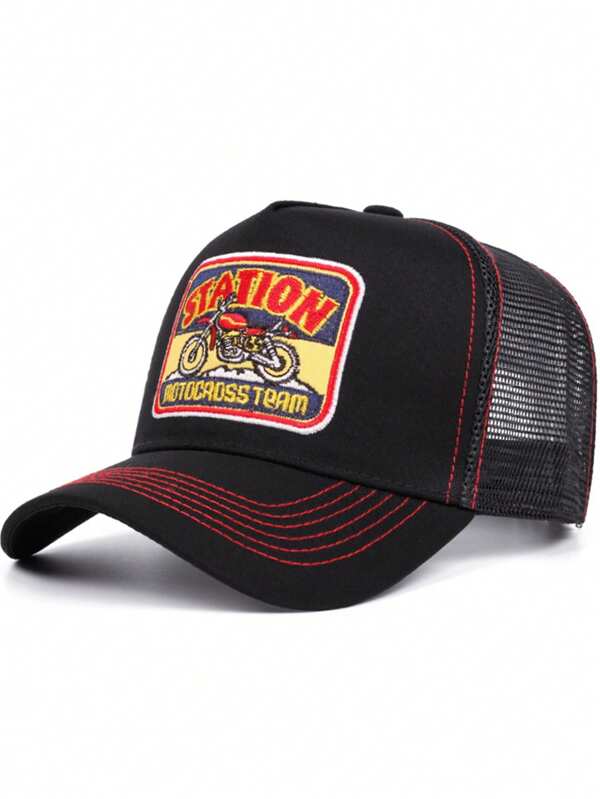 1pc American Vintage Motorcycle Bull Head Pattern Casual Baseball Cap, Breathable Mesh, Contrast Color Truckers Hat