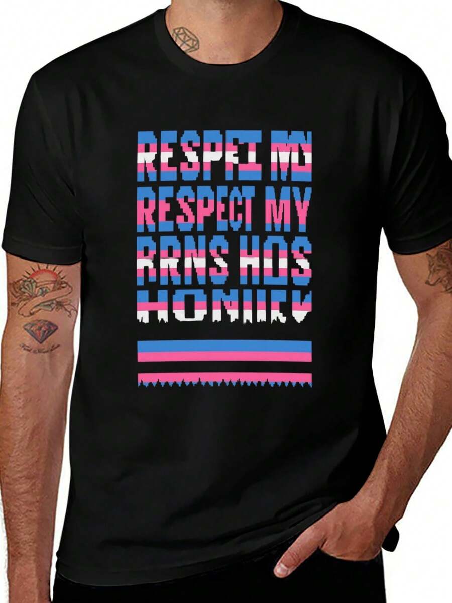 100% Cotton Funny Respect My Trans Homies Trans Pride T-Shirt Graphic Tee Casual Tops, Everyday Comfort, 1pc - màu đen - Xem 1