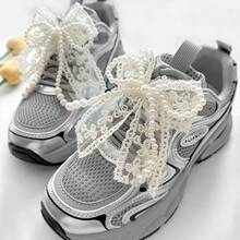 2pcs Fashionable Faux Pearl Lace Bow Shoe Clips, Versatile Detachable Shoe Decorations For Sneakers, Canvas Shoes, Holiday Gift